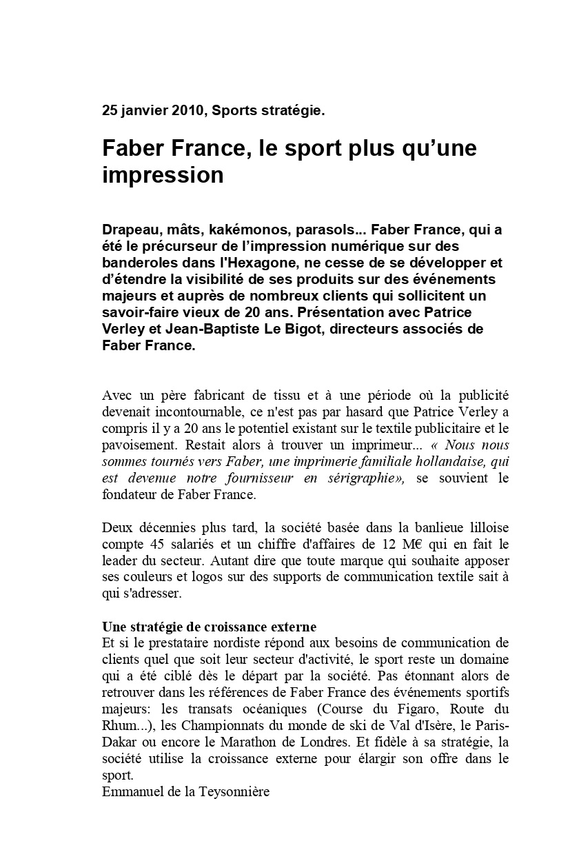 Article : Faber France, Le sport plus qu'une impression.