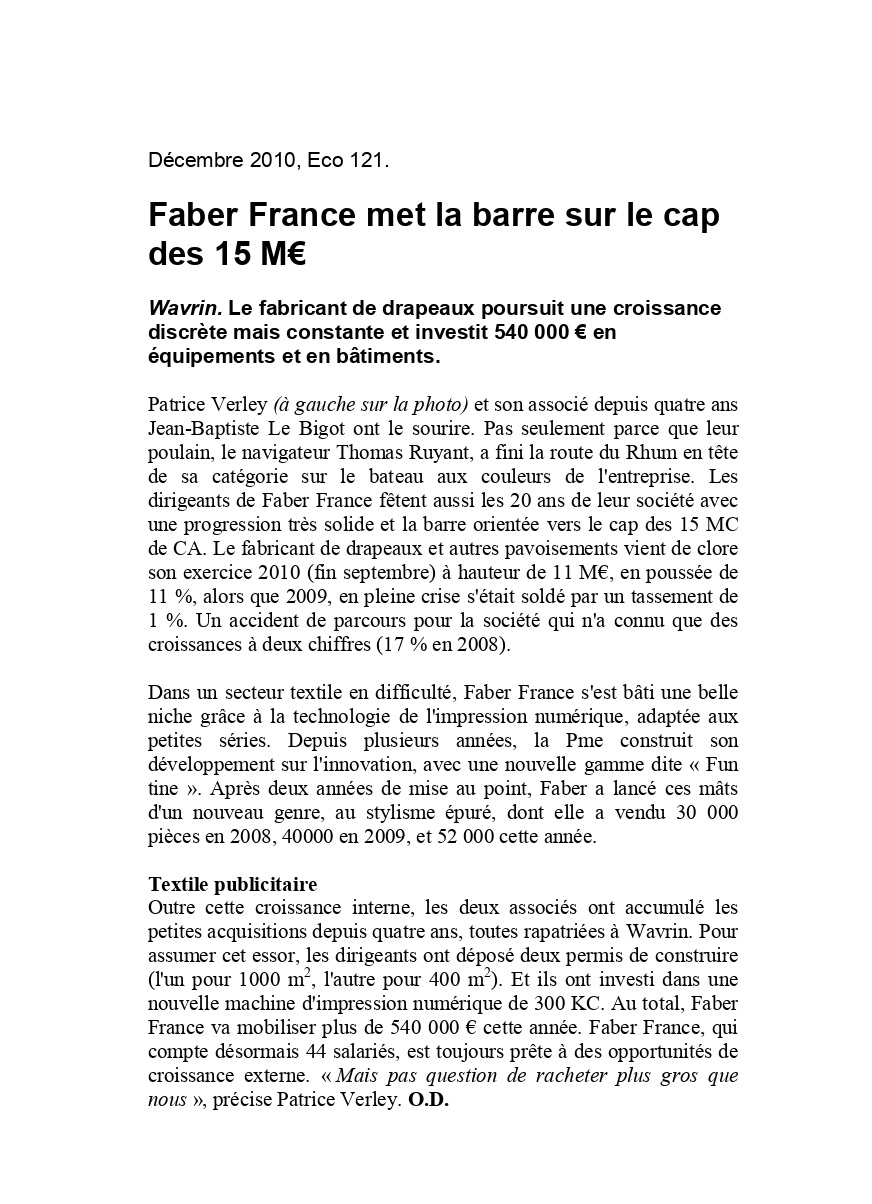 Article Faber France met la barre sur le cap des 15M€