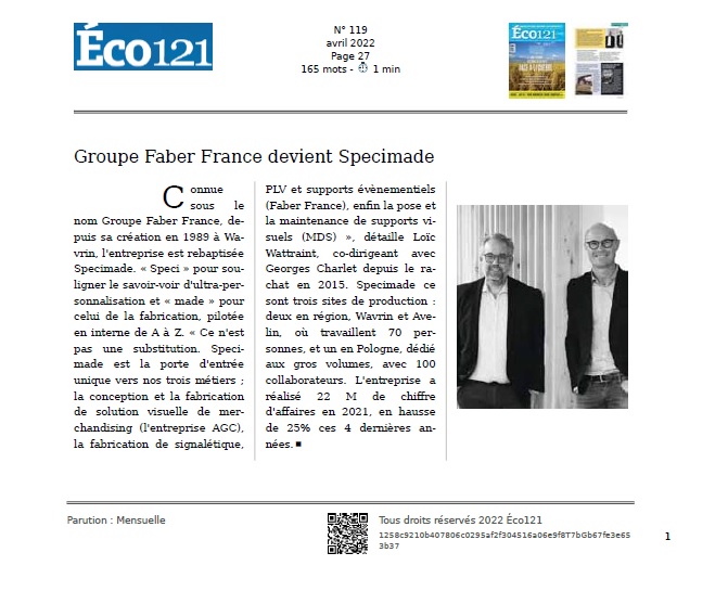 Article sur SPECIMADE dans le journal Eco 121