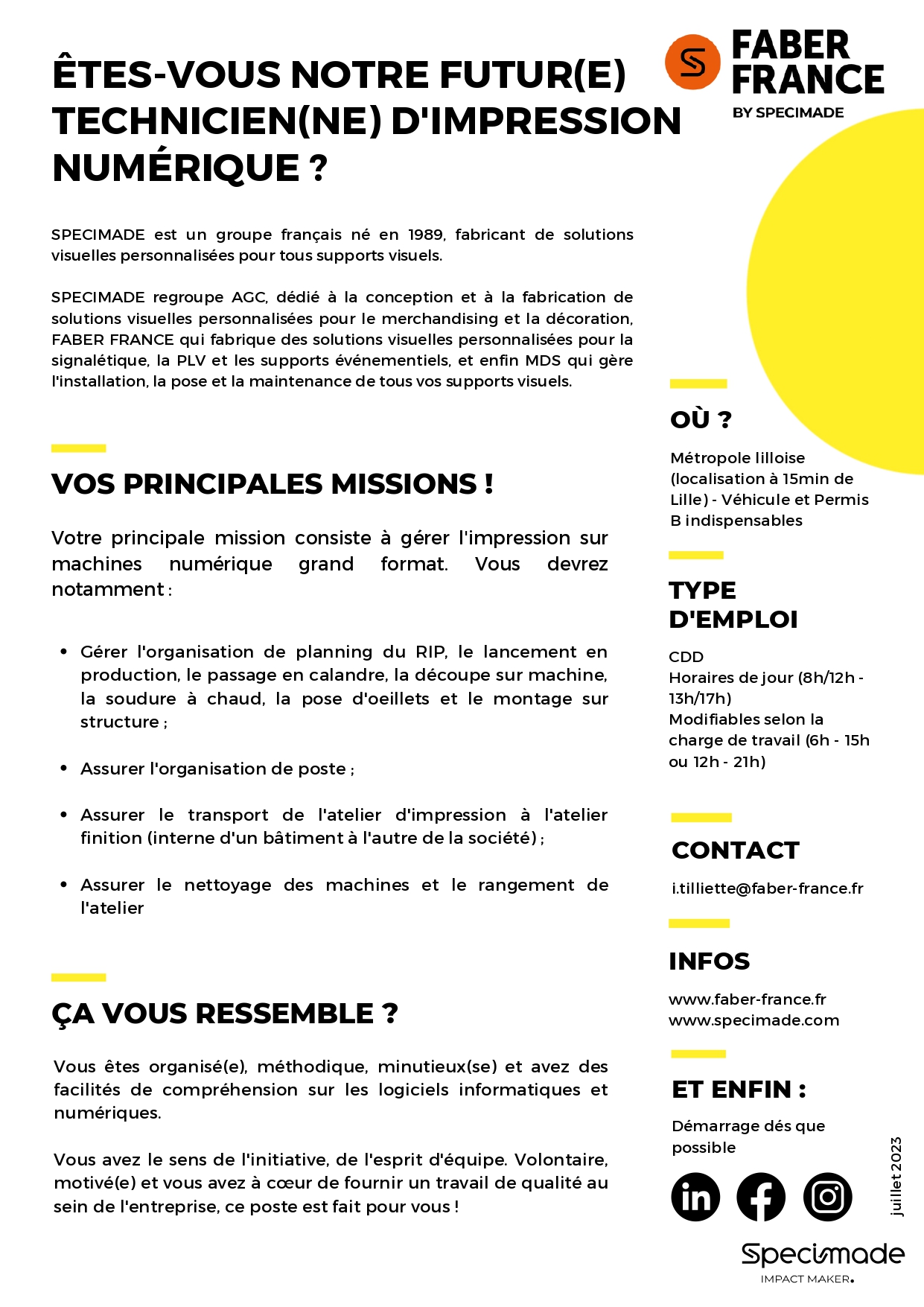 Offre d'emploi - Technicien impression numérique